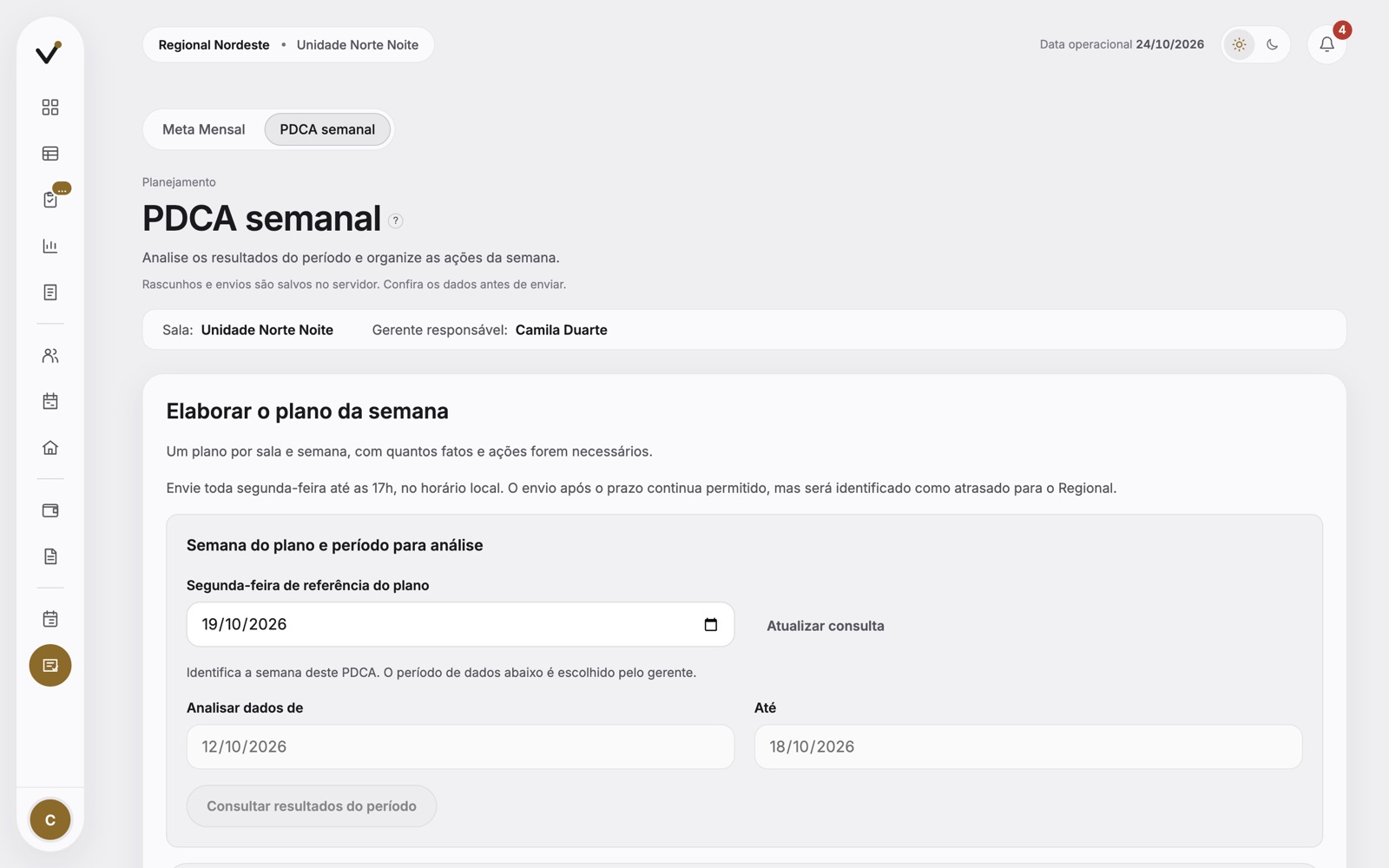 Tela do PDCA semanal para elaborar o plano da semana da sala.