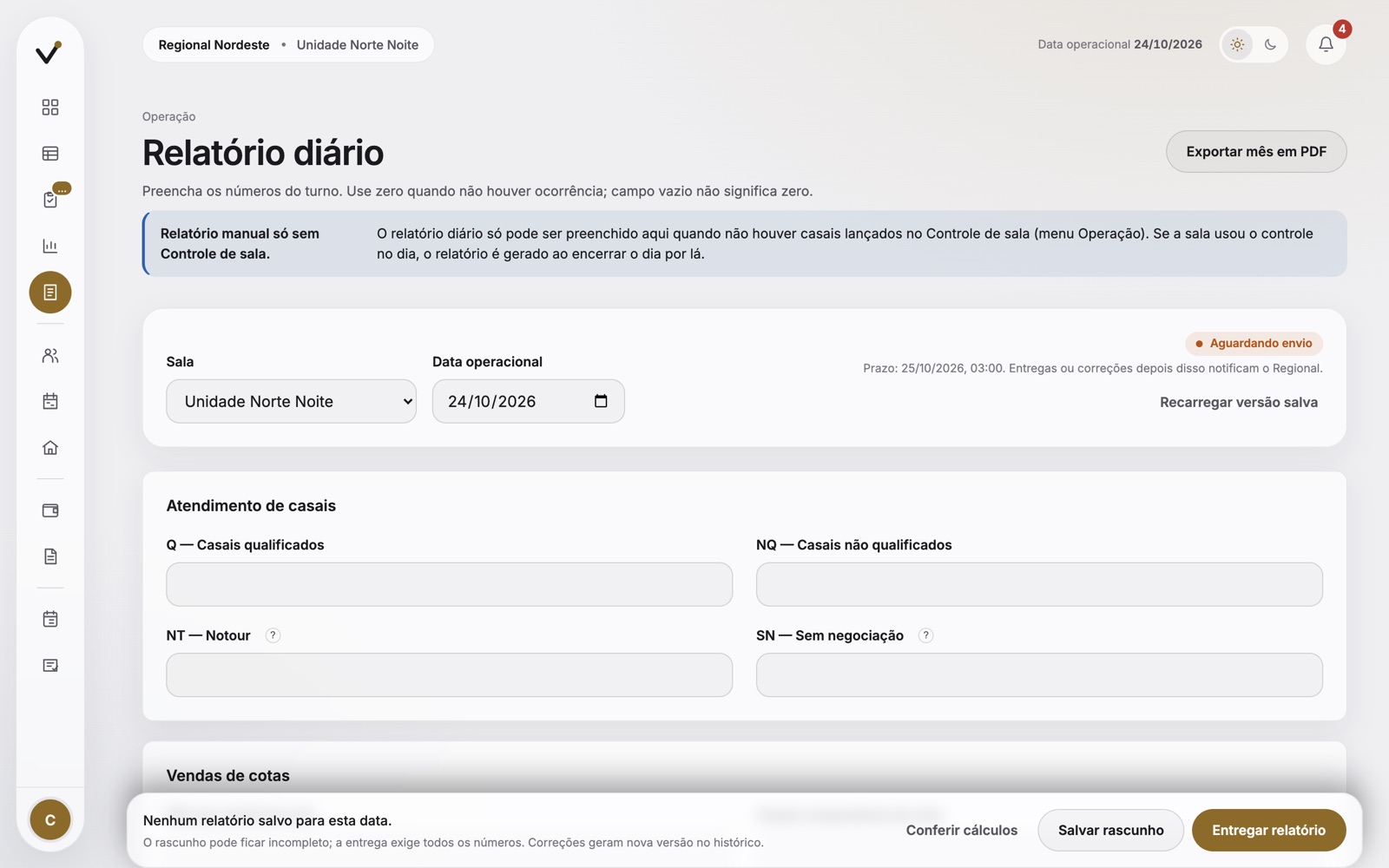 Tela do relatório diário com prazo de entrega e campos do turno.